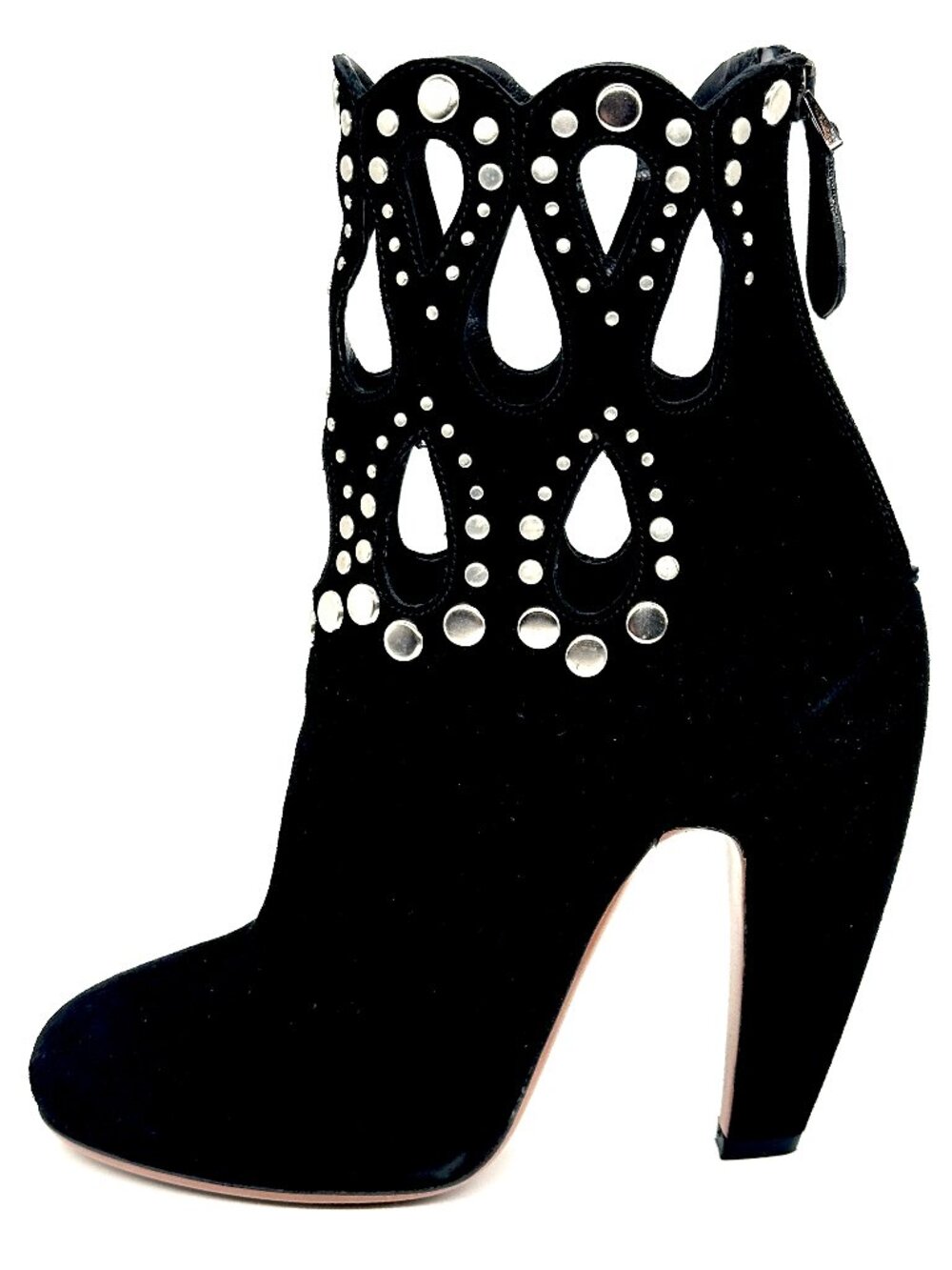 Azzedine Alaia Suede Studded Grommet Rivet Cutout Ankle Bootie Boots Heels